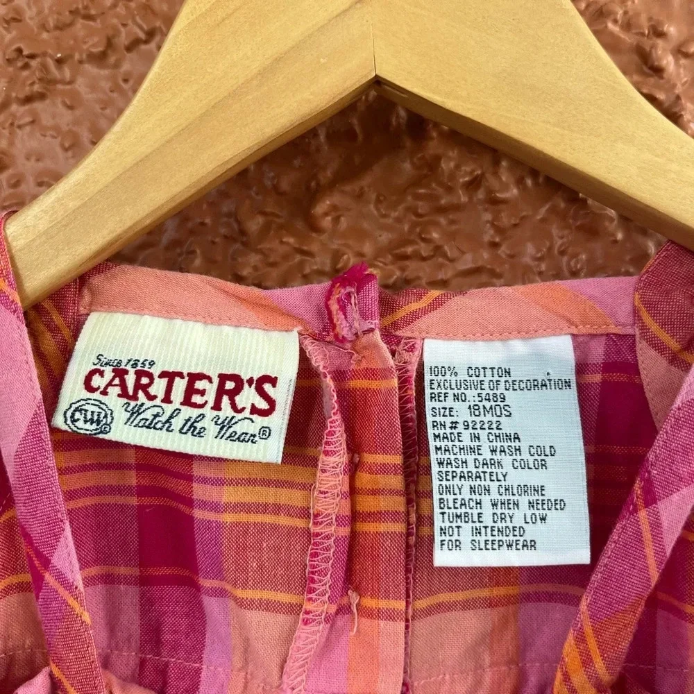Baby Girl Vintage Carter’s Pink Plaid Embroidered Flower Dress Size 18 Months